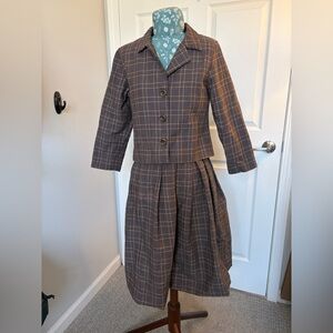 Vintage Plaid Brown Suit Skirt Set